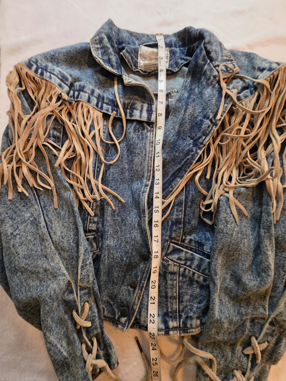 Vintage Western Denim Fringe Jacket Leather Tassels Acid Wash Cropped Medium. - Picture 3 of 8